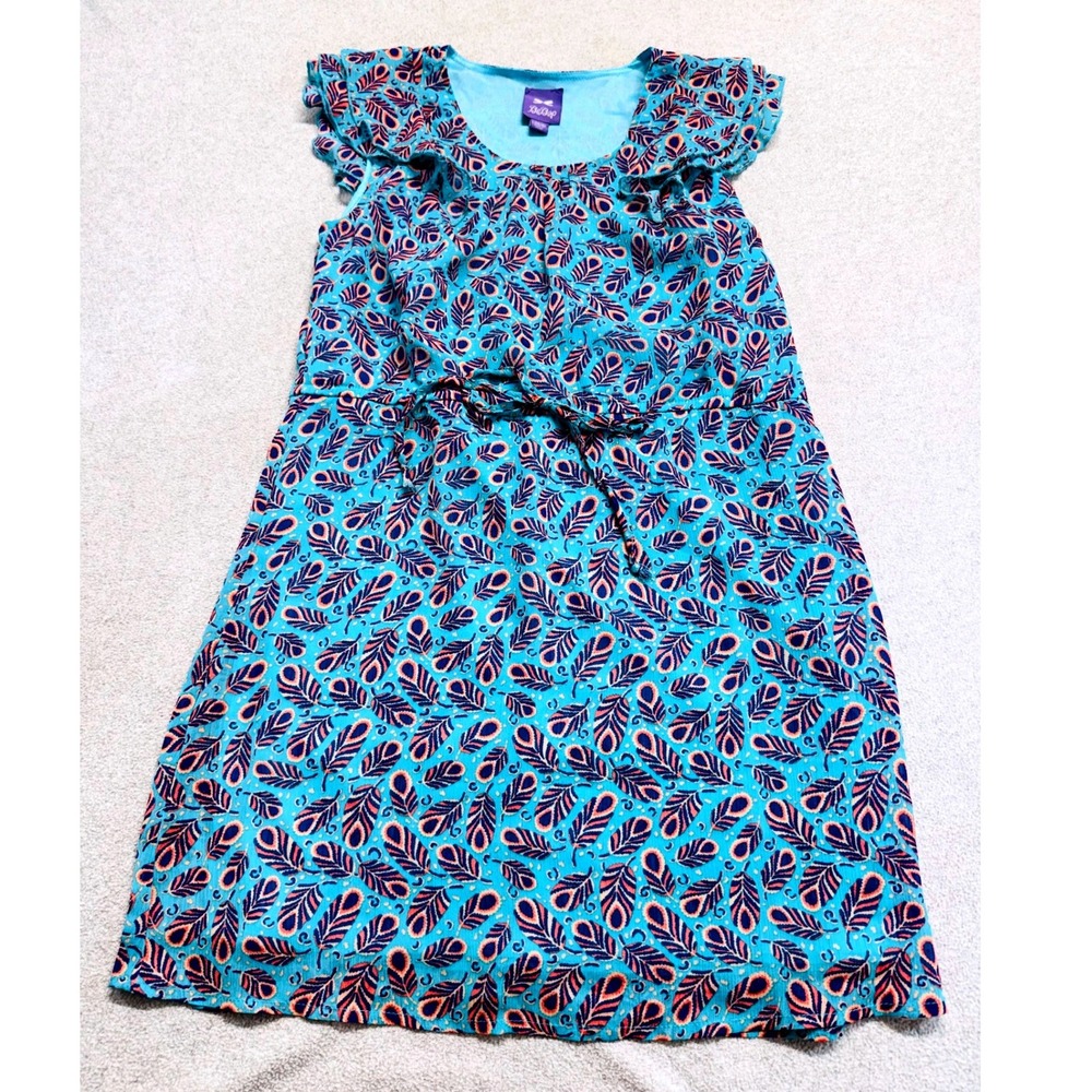 BeBop Flutter Sleeve Dress Kids L 14/16 Teal Peacock Feather Print Flowy Boho